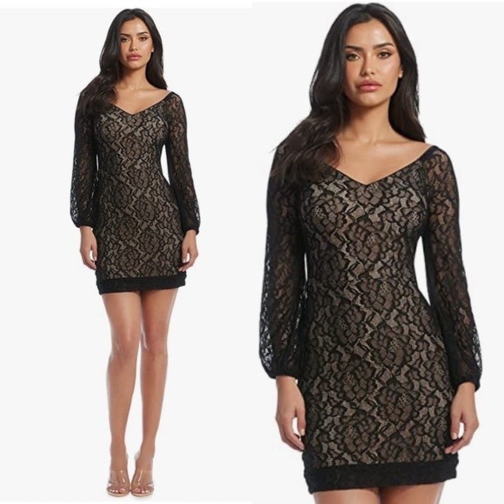 NWT Dress the Population Black Nude‎ Esparanza Lace Dress Medium Formal Classic